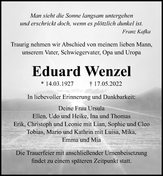 Traueranzeige von Eduard Wenzel von Ostsee-Zeitung GmbH