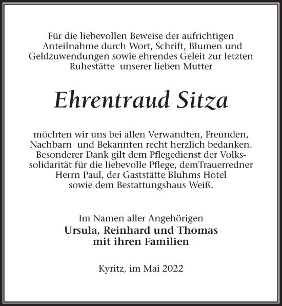 Traueranzeige von Ehrentraud Sitza von Märkischen Allgemeine Zeitung