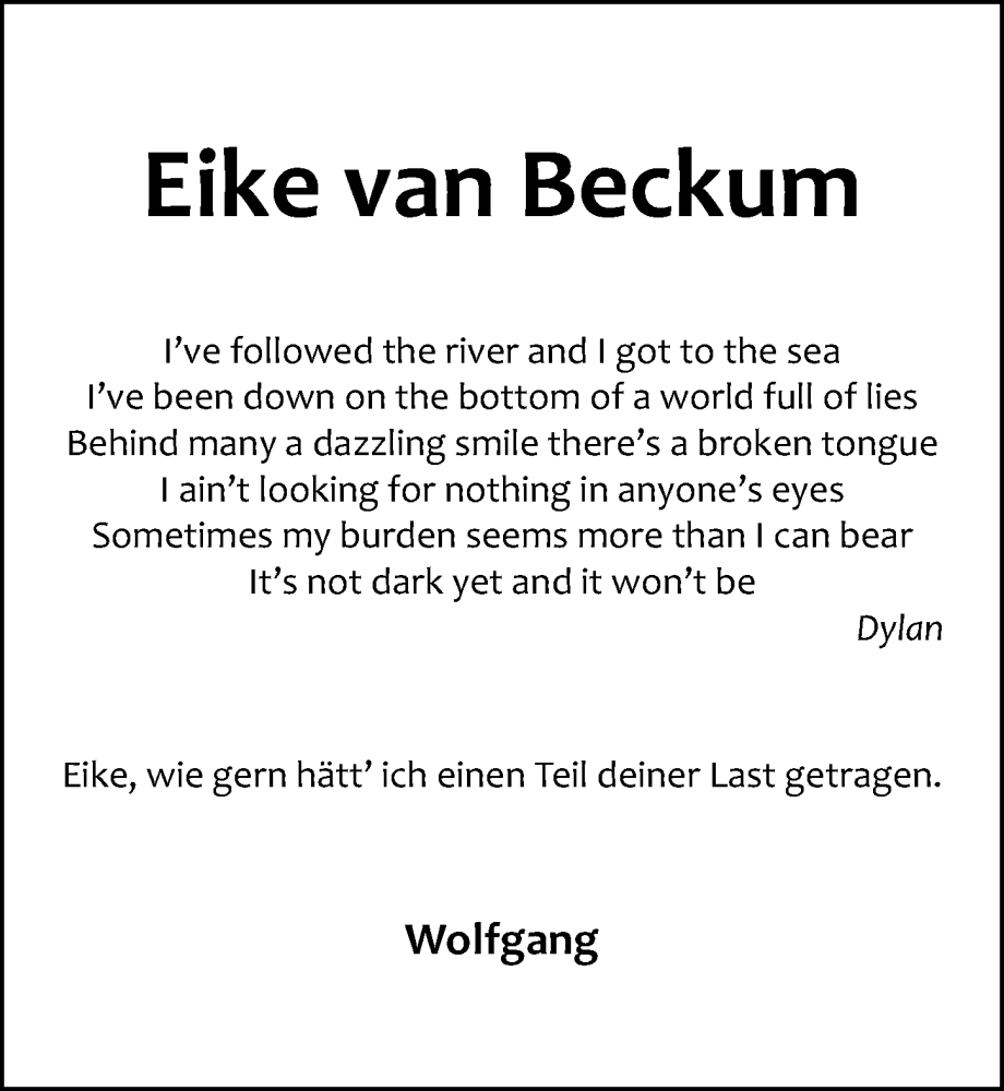  Traueranzeige für Eike van Beckum vom 07.05.2022 aus Göttinger Tageblatt