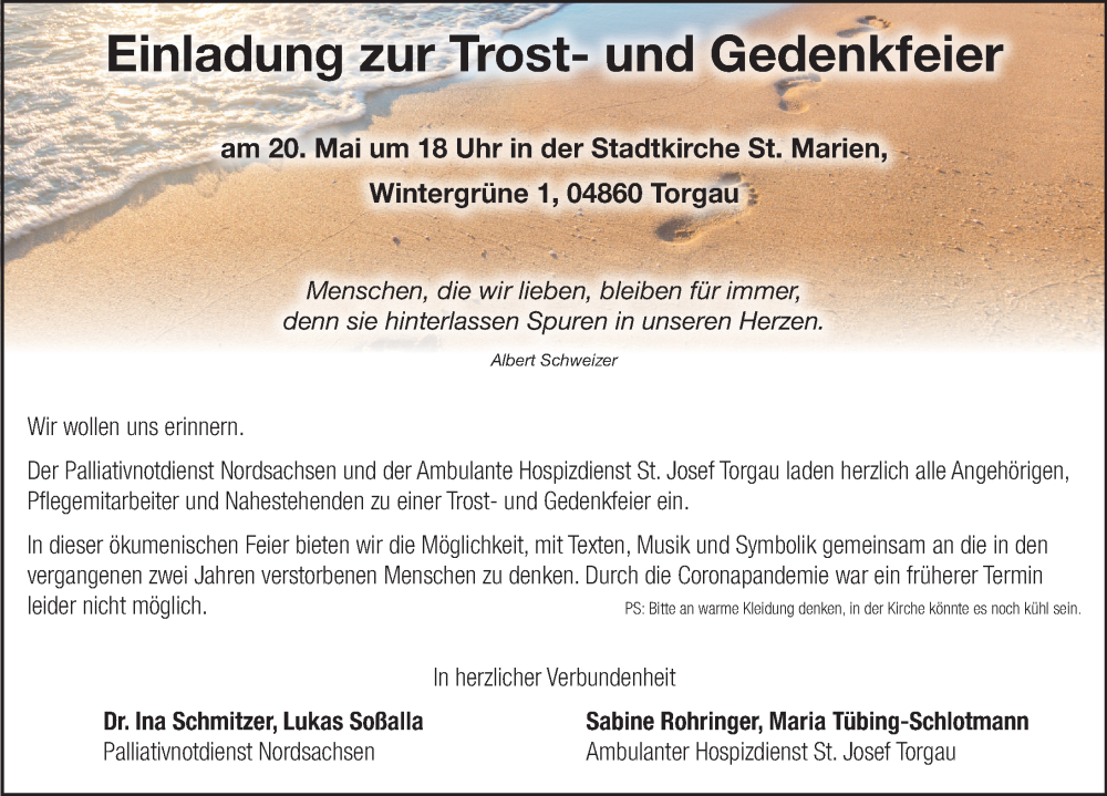  Traueranzeige für Einladung zur Trost- und Gedenkfeier vom 14.05.2022 aus Torgauer Zeitung