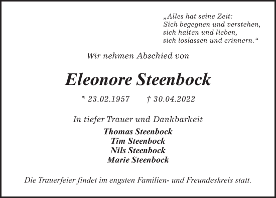 Traueranzeige von Eleonore Steenbock von Kieler Nachrichten