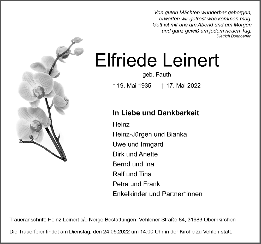  Traueranzeige für Elfriede Leinert vom 21.05.2022 aus Schaumburger Nachrichten