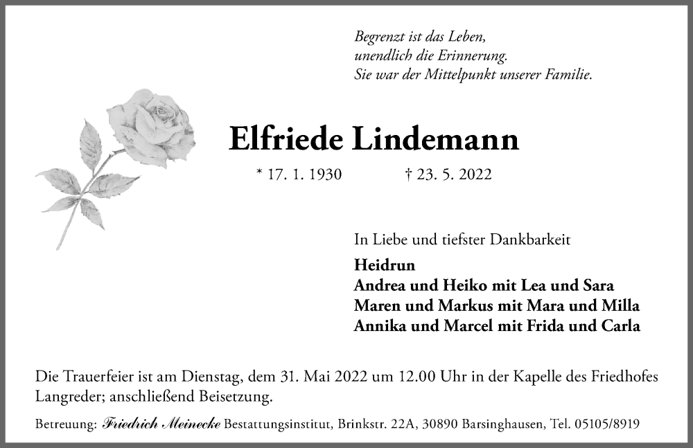  Traueranzeige für Elfriede Lindemann vom 25.05.2022 aus Hannoversche Allgemeine Zeitung/Neue Presse