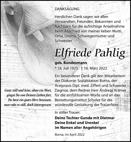 Traueranzeige von Elfriede Pahlig von Leipziger Volkszeitung