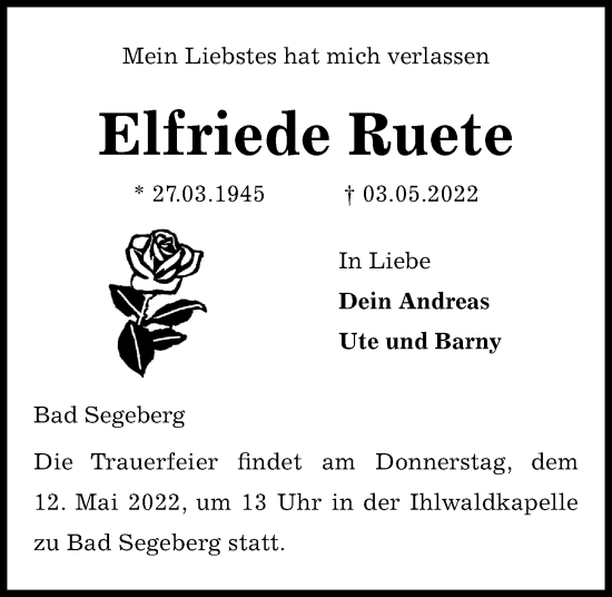 Traueranzeige von Elfriede Ruete von Kieler Nachrichten