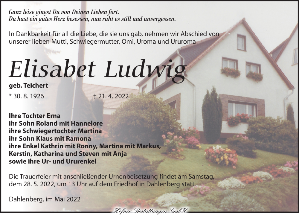  Traueranzeige für Elisabet Ludwig vom 14.05.2022 aus Torgauer Zeitung