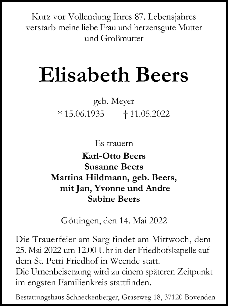  Traueranzeige für Elisabeth Beers vom 14.05.2022 aus Göttinger Tageblatt
