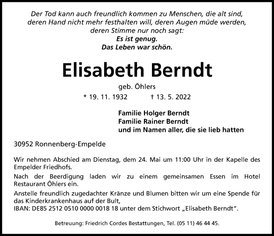 Traueranzeige von Elisabeth Berndt von Hannoversche Allgemeine Zeitung/Neue Presse