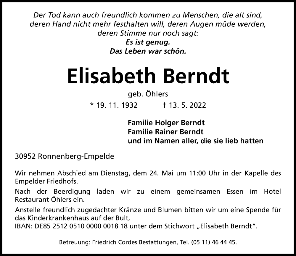  Traueranzeige für Elisabeth Berndt vom 21.05.2022 aus Hannoversche Allgemeine Zeitung/Neue Presse