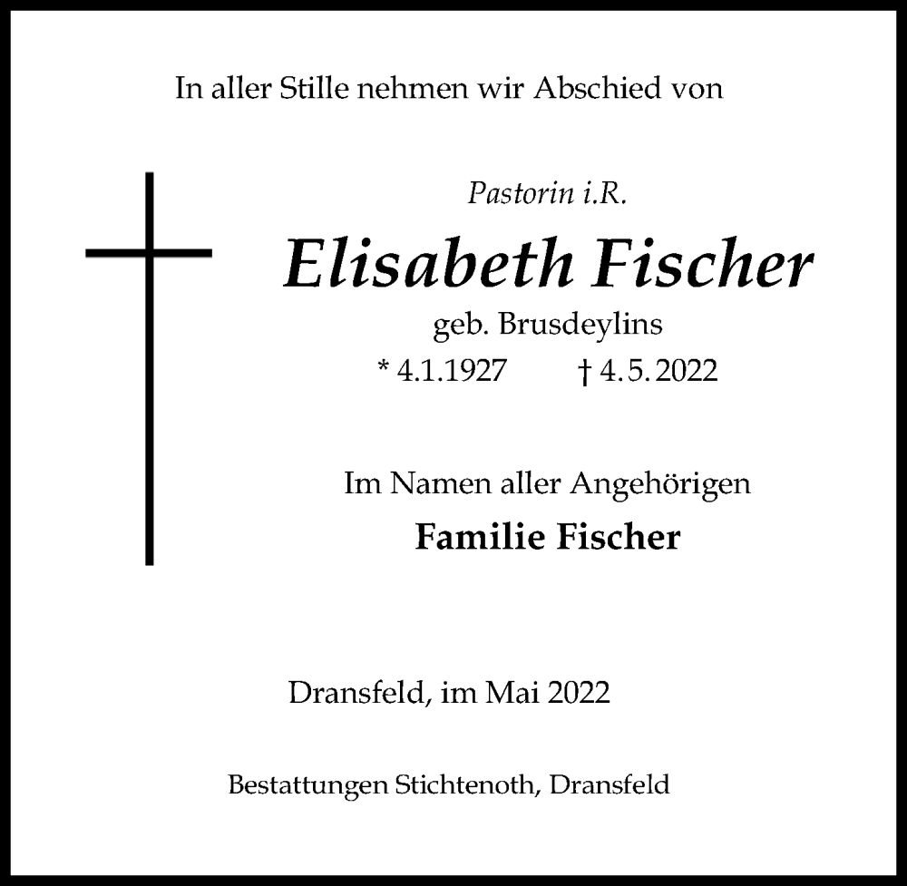  Traueranzeige für Elisabeth Fischer vom 14.05.2022 aus Göttinger Tageblatt