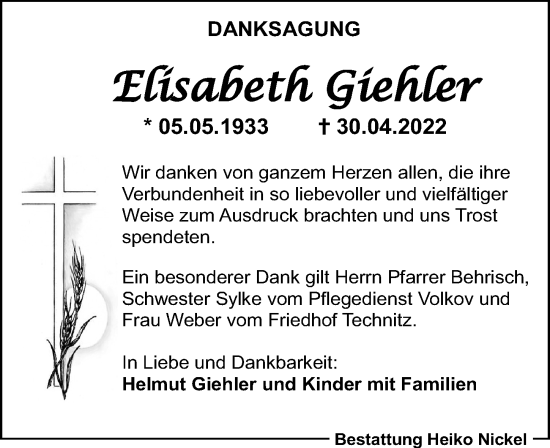 Traueranzeige von Elisabeth Giehler von Leipziger Volkszeitung