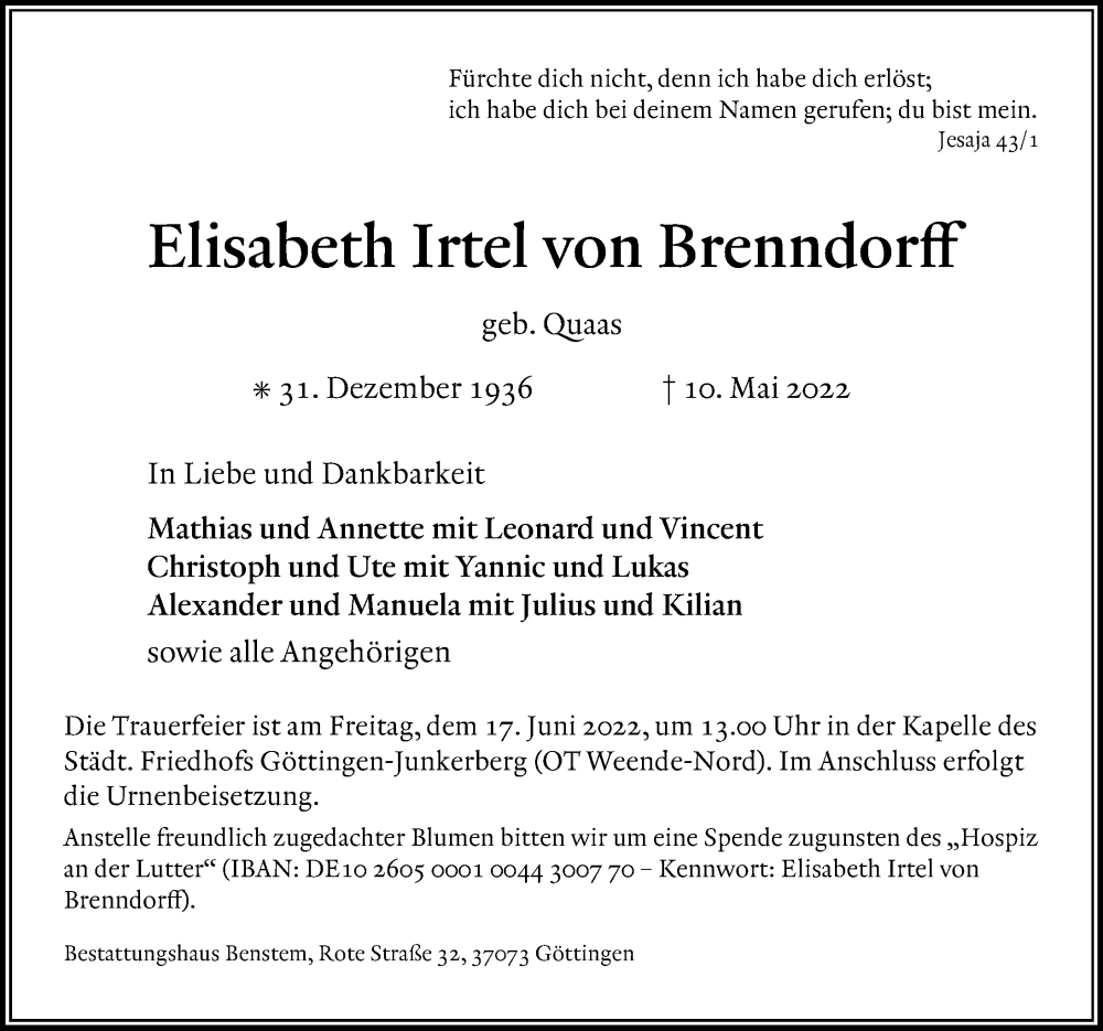  Traueranzeige für Elisabeth  Irtel von Brenndorff vom 21.05.2022 aus Göttinger Tageblatt