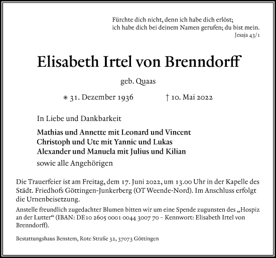 Traueranzeige von Elisabeth  Irtel von Brenndorff von Göttinger Tageblatt