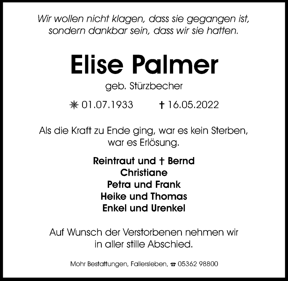  Traueranzeige für Elise Palmer vom 21.05.2022 aus Aller Zeitung