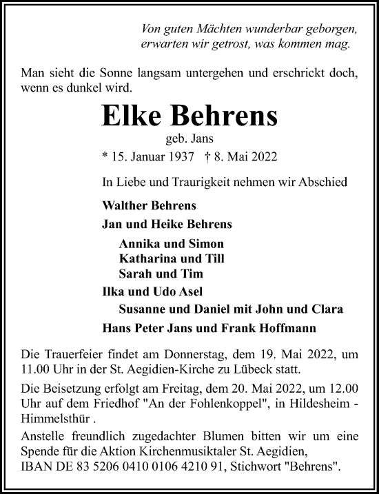 Traueranzeige von Elke Behrens von Lübecker Nachrichten