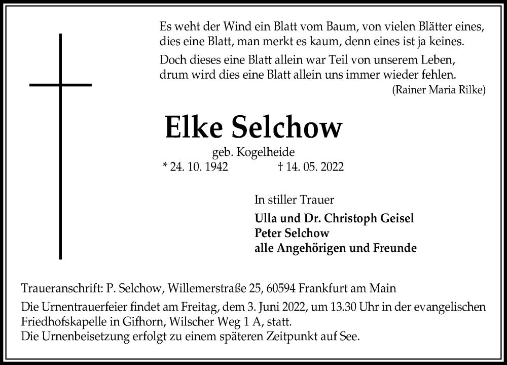  Traueranzeige für Elke Selchow vom 21.05.2022 aus Aller Zeitung