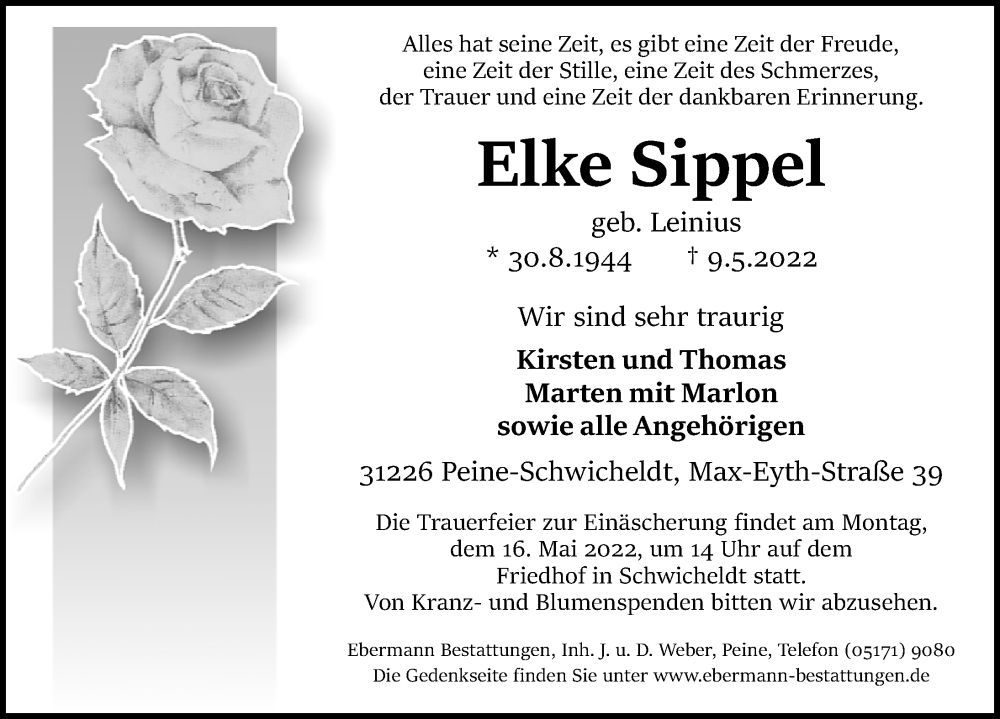 Traueranzeige für Elke Sippel vom 13.05.2022 aus Peiner Allgemeine Zeitung