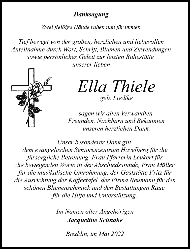  Traueranzeige für Ella Thiele vom 11.05.2022 aus Märkischen Allgemeine Zeitung