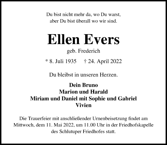Traueranzeige von Ellen Evers von Lübecker Nachrichten