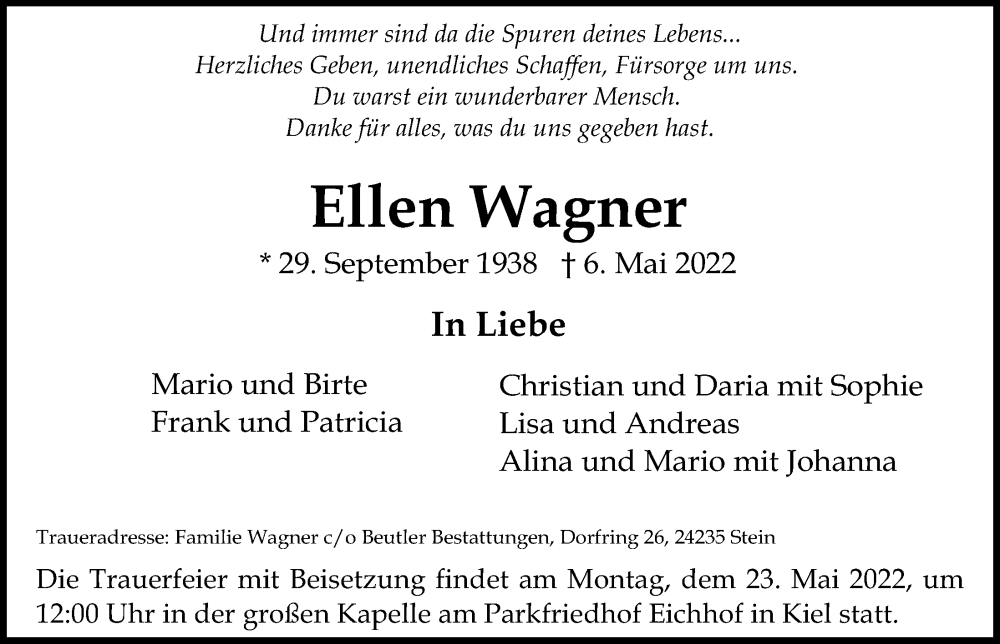 Traueranzeigen von Ellen Wagner | trauer-anzeigen.de