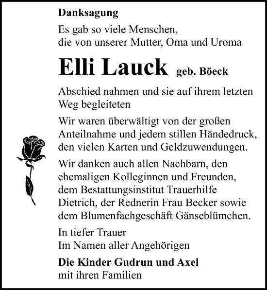 Traueranzeige von Elli Lauck von Ostsee-Zeitung GmbH