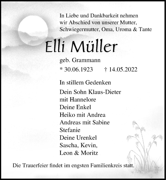 Traueranzeige von Elli Müller von Ostsee-Zeitung GmbH