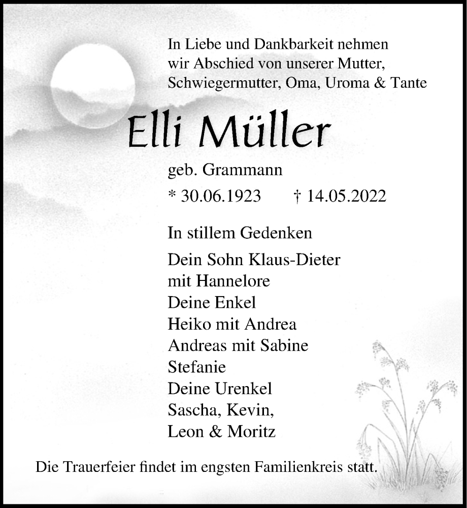 Traueranzeige für Elli Müller vom 21.05.2022 aus Ostsee-Zeitung GmbH