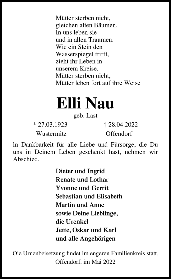Traueranzeige von Elli Nau von Lübecker Nachrichten