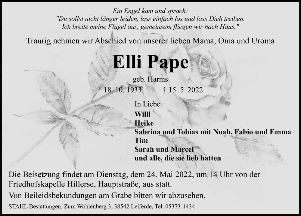  Traueranzeige für Elli Pape vom 20.05.2022 aus Aller Zeitung