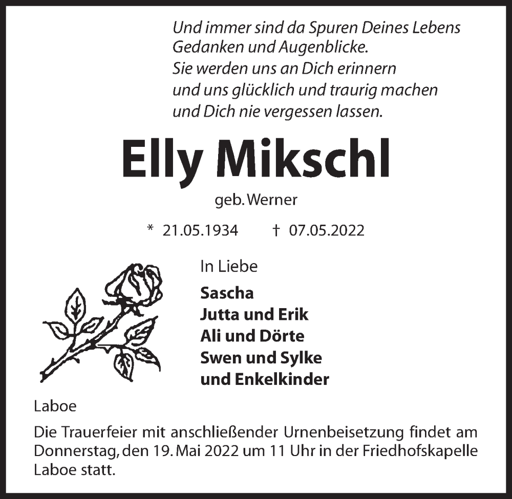  Traueranzeige für Elly Mikschl vom 14.05.2022 aus Kieler Nachrichten