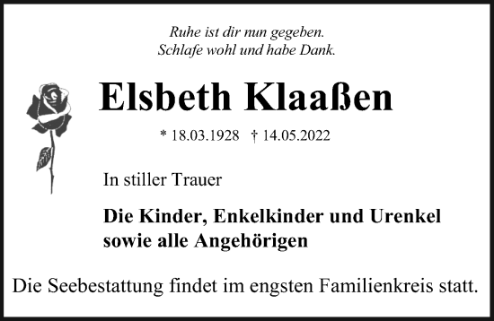 Traueranzeige von Elsbeth Klaaßen von Ostsee-Zeitung GmbH