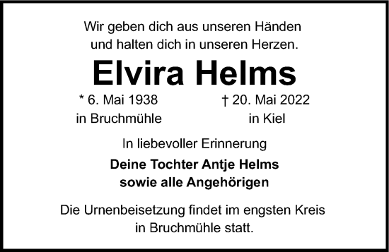 Traueranzeige von Elvira Helms von Kieler Nachrichten