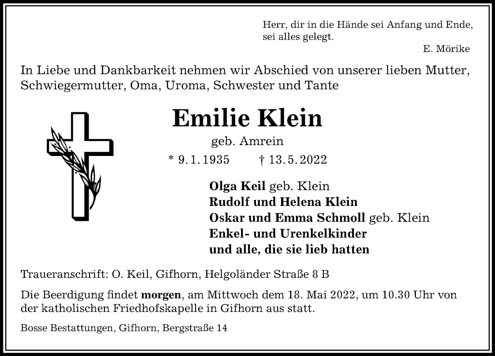  Traueranzeige für Emilie Klein vom 17.05.2022 aus Aller Zeitung