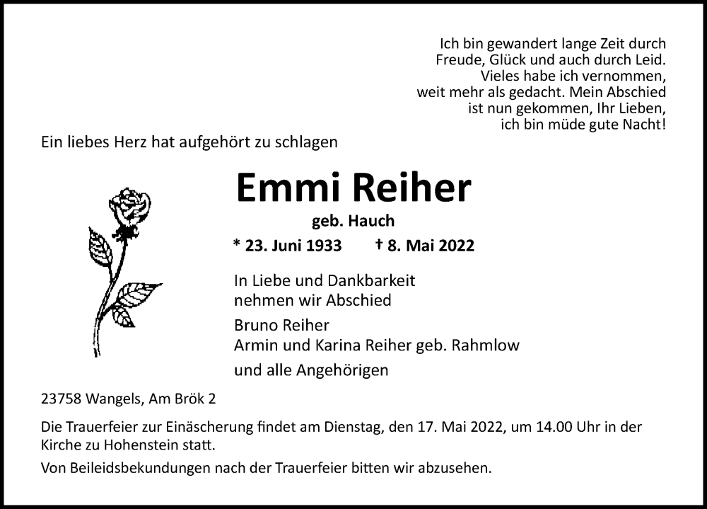  Traueranzeige für Emmi Reiher vom 13.05.2022 aus Lübecker Nachrichten