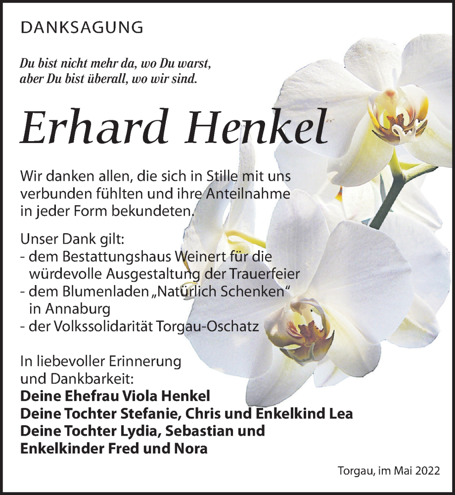 Traueranzeige für Erhard Henkel vom 14.05.2022 aus Torgauer Zeitung