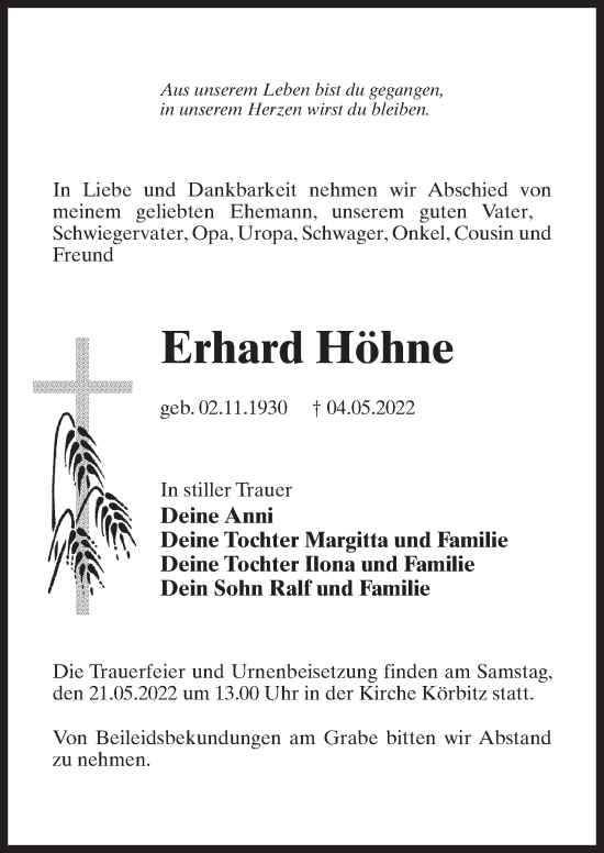 Traueranzeige von Erhard Höhne von Märkischen Allgemeine Zeitung