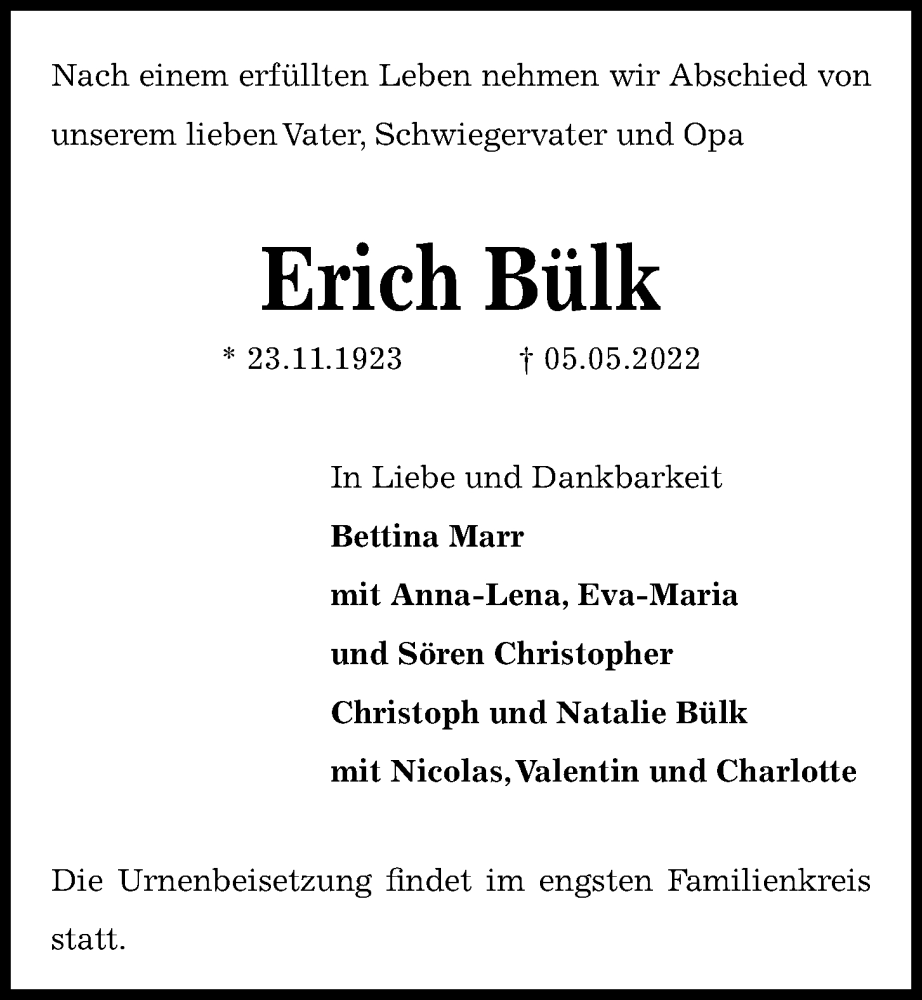  Traueranzeige für Erich Bülk vom 07.05.2022 aus Kieler Nachrichten