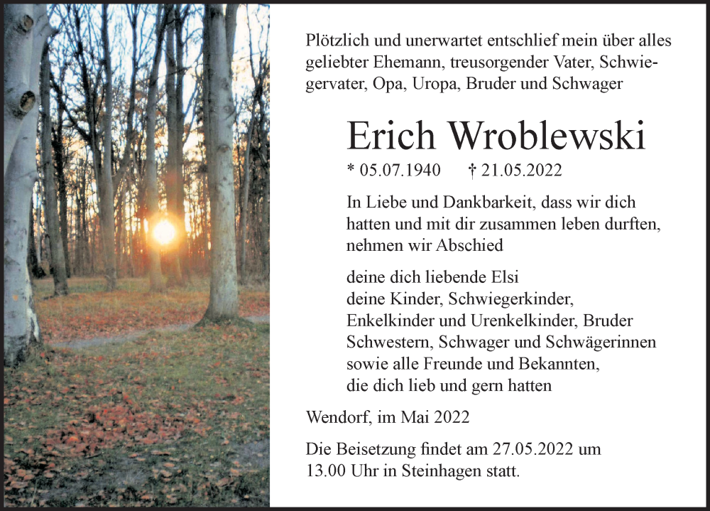  Traueranzeige für Erich Wroblewski vom 25.05.2022 aus Ostsee-Zeitung GmbH