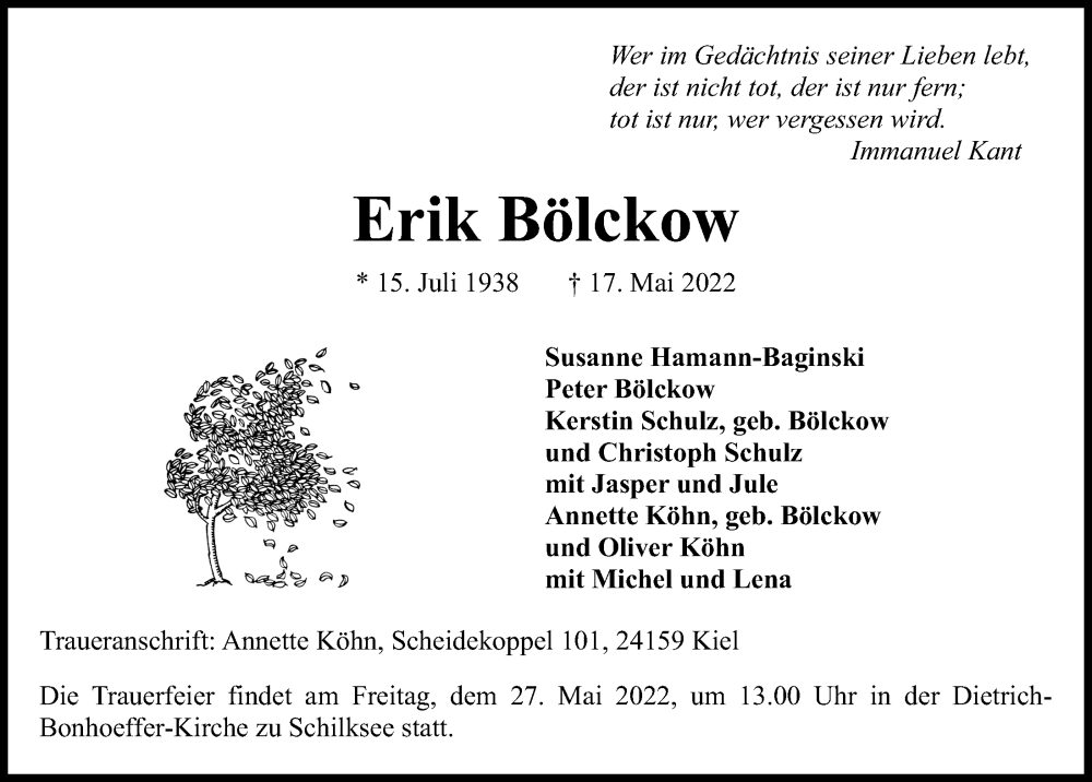  Traueranzeige für Erik Bölckow vom 21.05.2022 aus Kieler Nachrichten