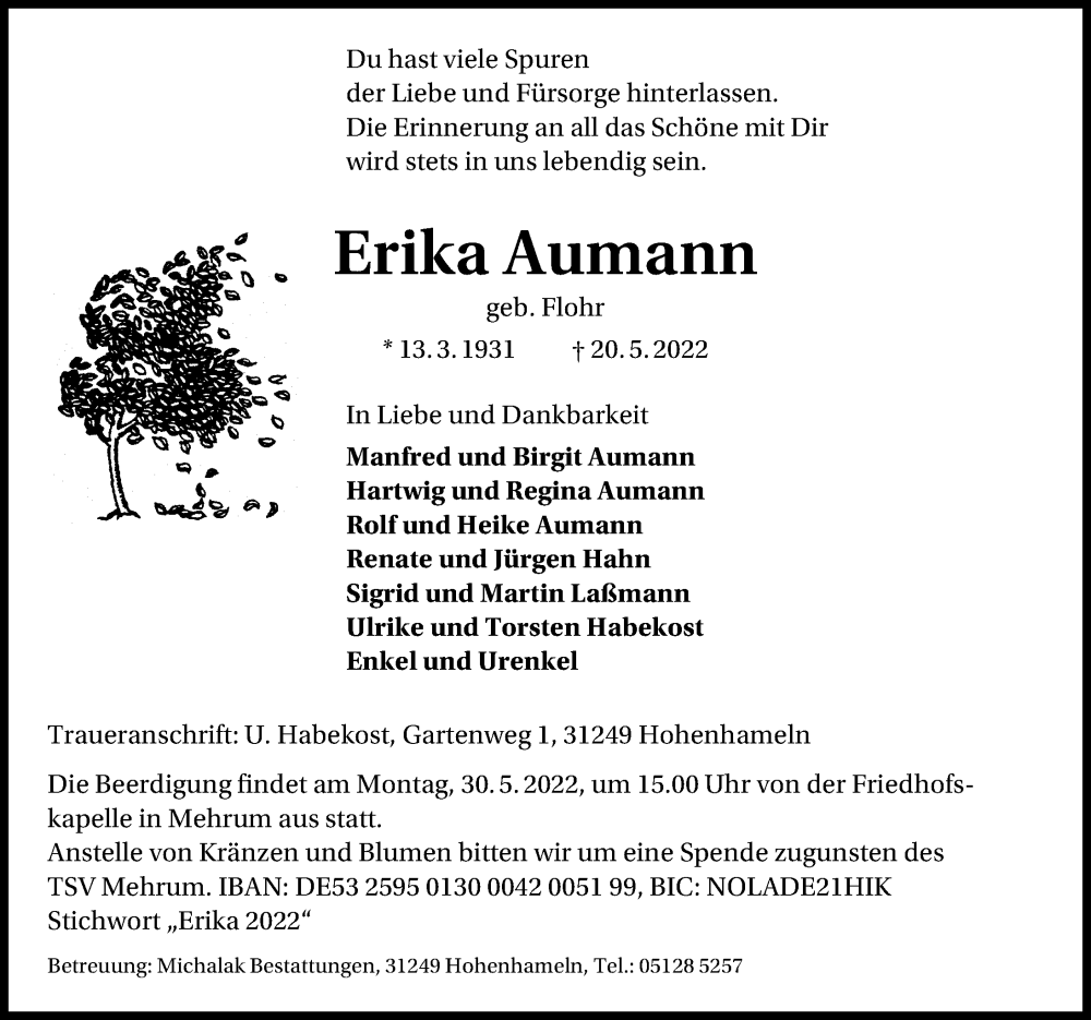  Traueranzeige für Erika Aumann vom 24.05.2022 aus Peiner Allgemeine Zeitung
