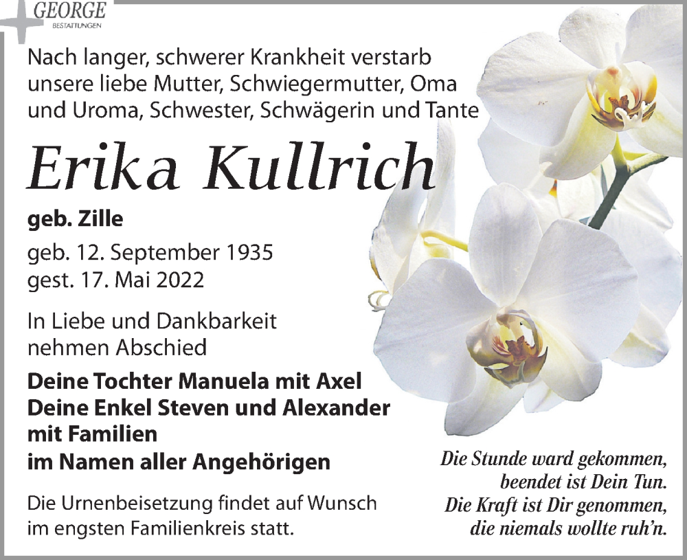  Traueranzeige für Erika Kullrich vom 21.05.2022 aus Leipziger Volkszeitung