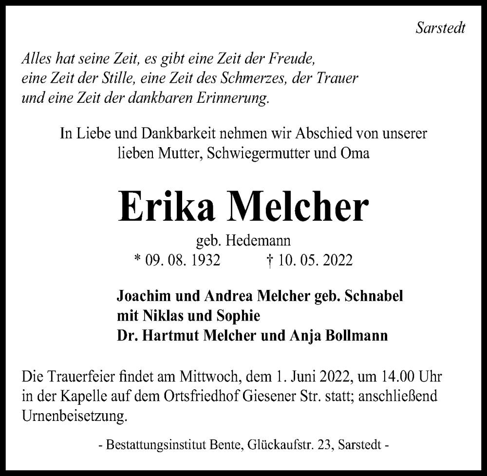  Traueranzeige für Erika Melcher vom 14.05.2022 aus Hannoversche Allgemeine Zeitung/Neue Presse