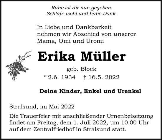 Traueranzeige von Erika Müller von Ostsee-Zeitung GmbH