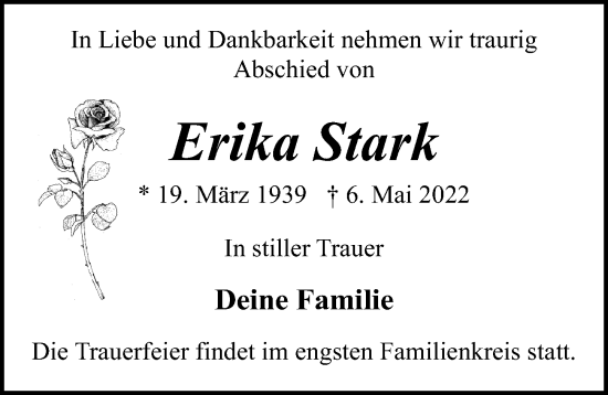 Traueranzeige von Erika Stark von Ostsee-Zeitung GmbH