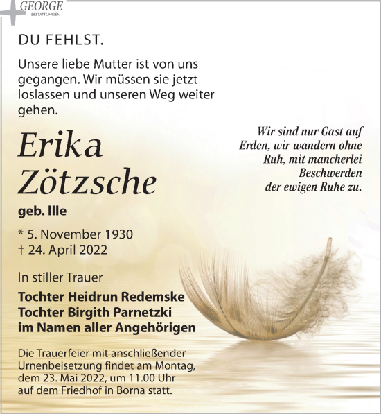 Traueranzeige von Erika Zötzsche von Leipziger Volkszeitung