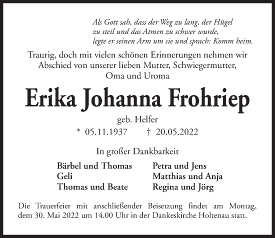 Traueranzeige von Erika Johanna Frohriep von Kieler Nachrichten