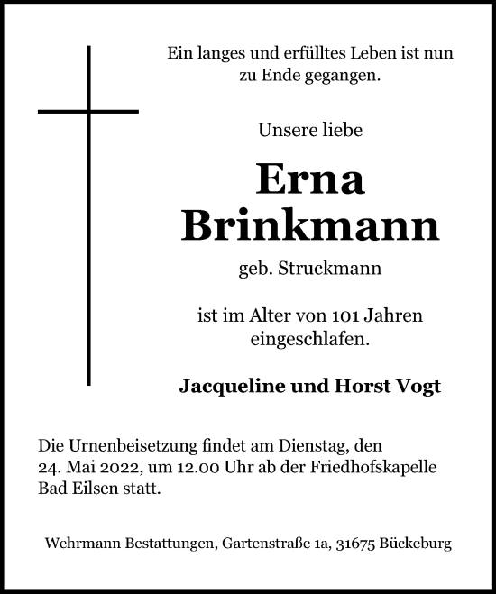 Traueranzeige von Erna Brinkmann von Schaumburger Nachrichten
