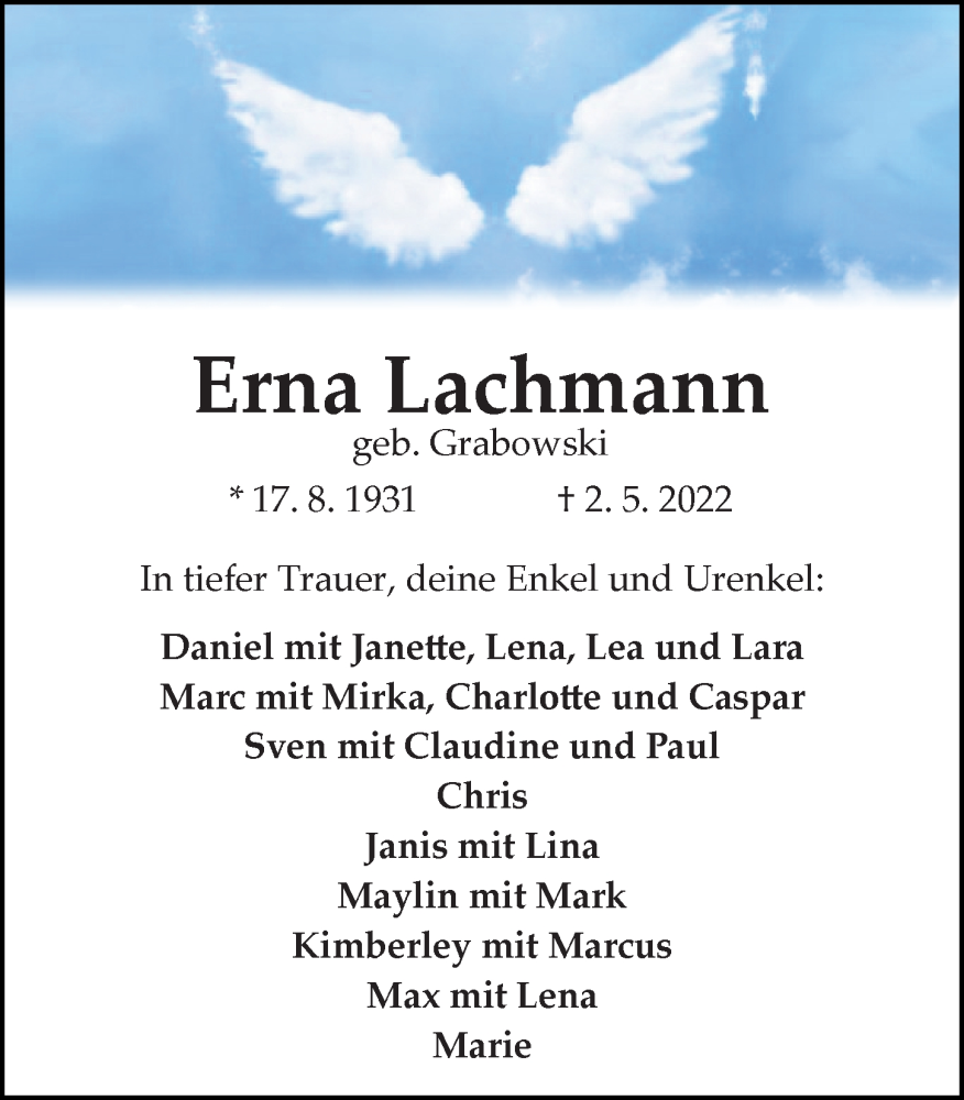  Traueranzeige für Erna Lachmann vom 06.05.2022 aus Aller Zeitung