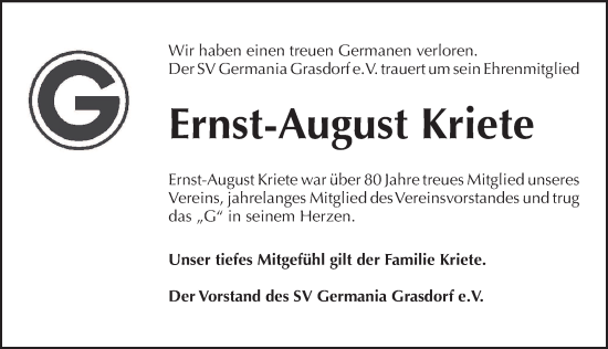 Traueranzeige von Ernst-August Kriete von Hannoversche Allgemeine Zeitung/Neue Presse