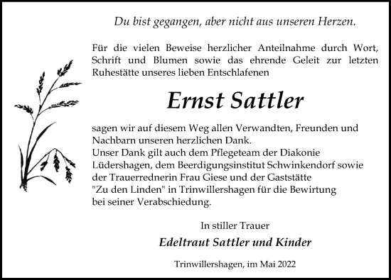 Traueranzeige von Ernst Sattler von Ostsee-Zeitung GmbH